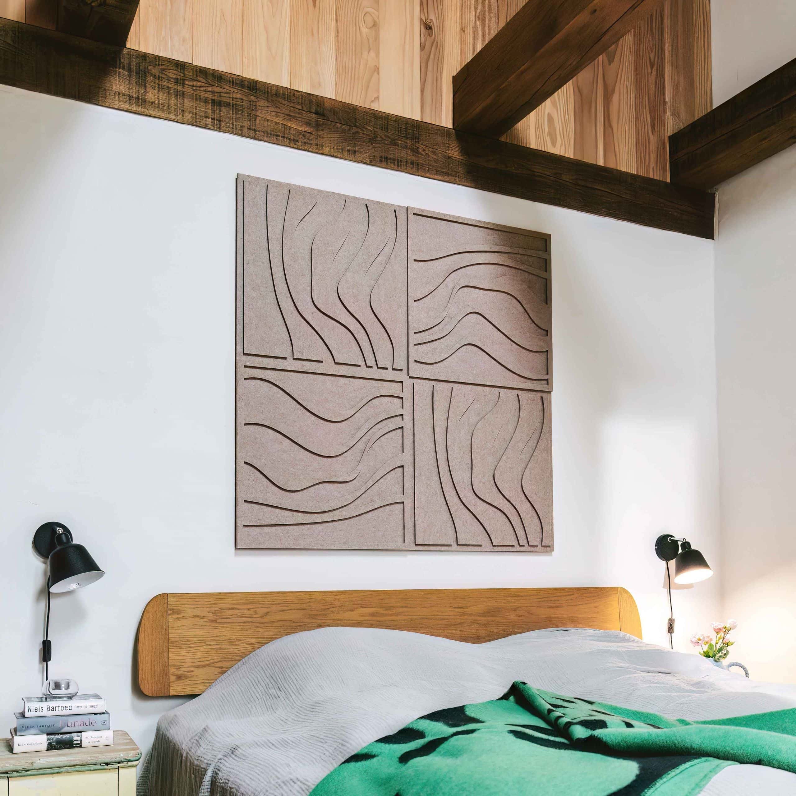 Sand-colored Wave tile acoustic panel set by Arturel in a modern bedroom